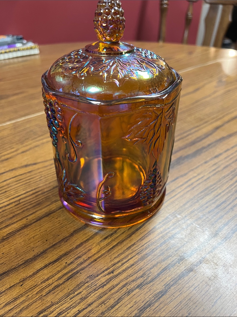 Indiana Glass Iridescent Amber Covered Jar with Grape Motif